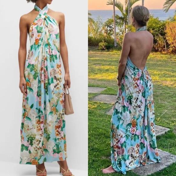 Cara Cara Marion Dress Twisted Open-Back Floral Halter Silk Chiffon Maxi Size XL - Picture 1 of 13